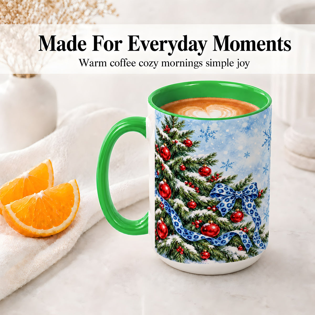 #pl[15oz|Green] Blue Leopard Bow Christmas Tree Accent Mug, Ceramic Coffee Cup