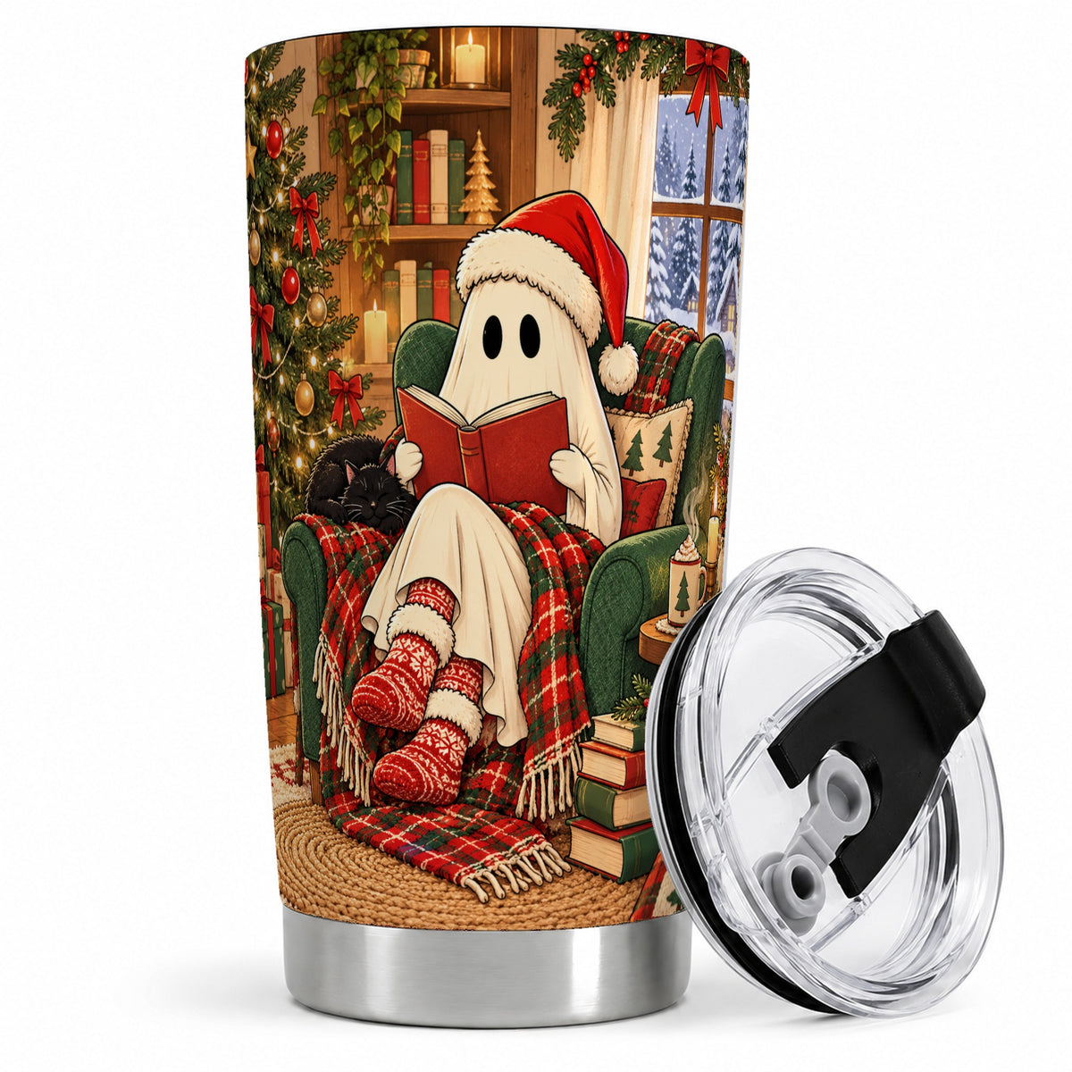 Cozy Christmas Ghost 20oz Tumbler, Stainless Steel Reading Theme