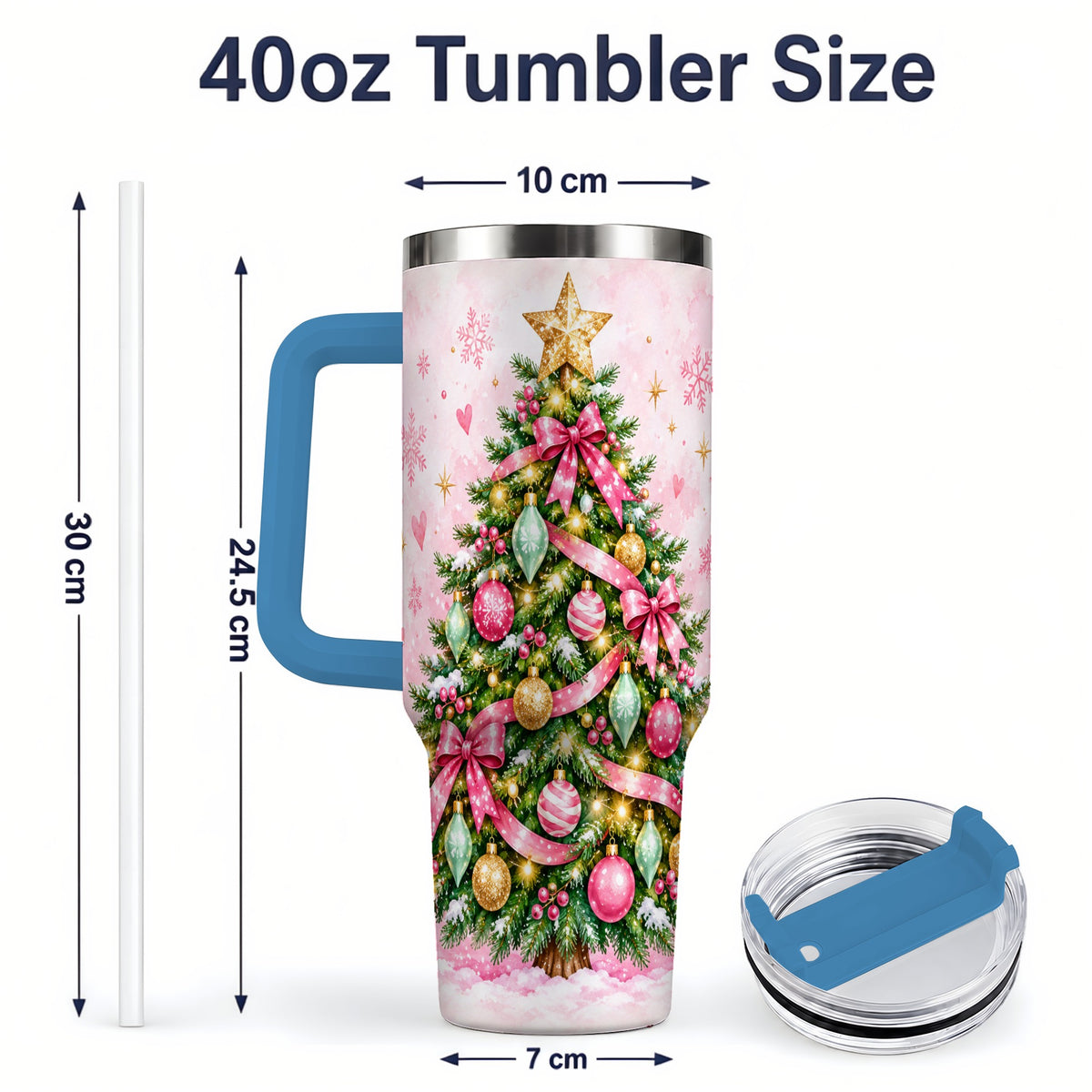 #pl[40oz|Blue] Pink Christmas Tree Tumbler, 40oz Handled Stainless Steel Drinkware
