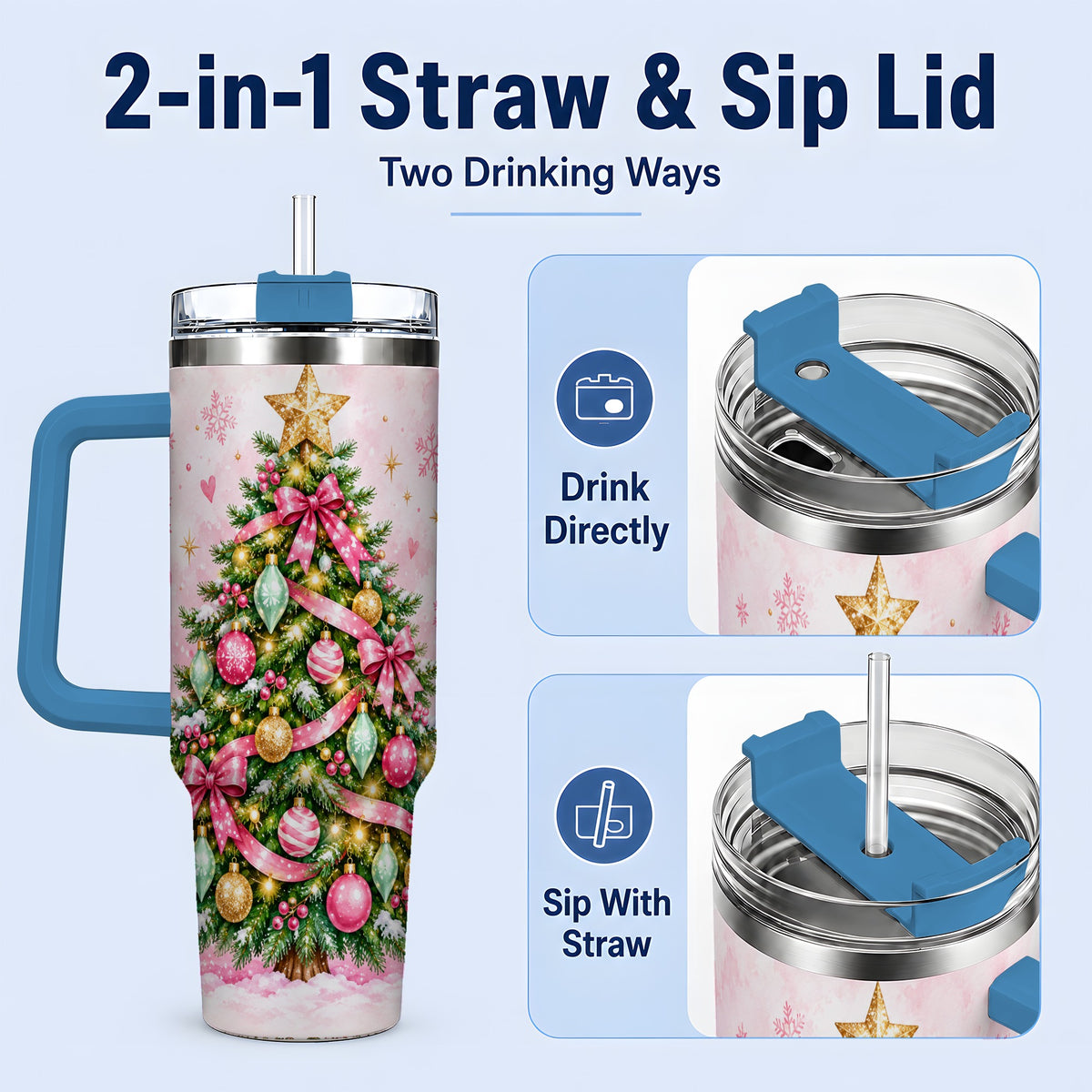 #pl[40oz|Blue] Pink Christmas Tree Tumbler, 40oz Handled Stainless Steel Drinkware