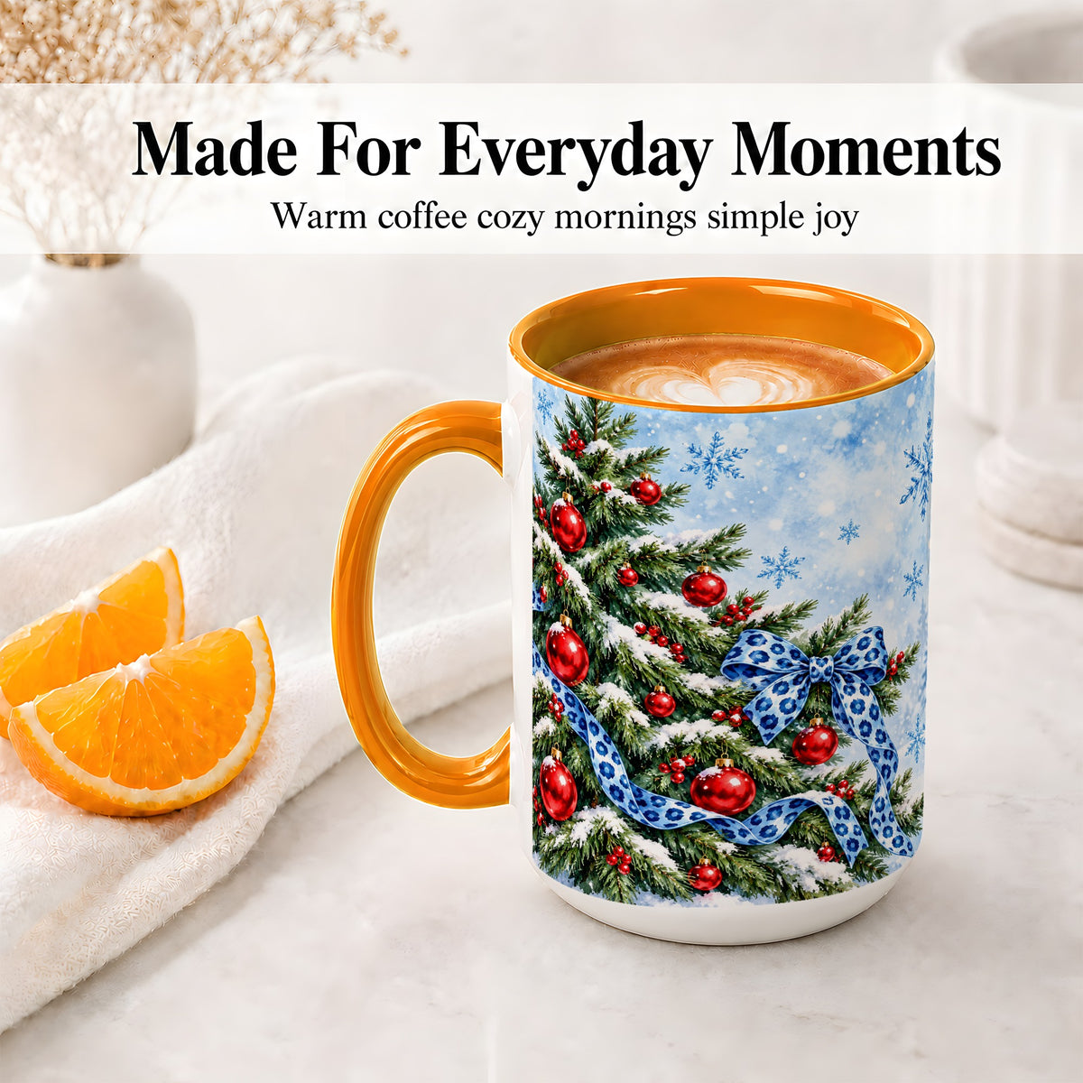 #pl[15oz|Orange] Blue Leopard Bow Christmas Tree Accent Mug, Ceramic Coffee Cup
