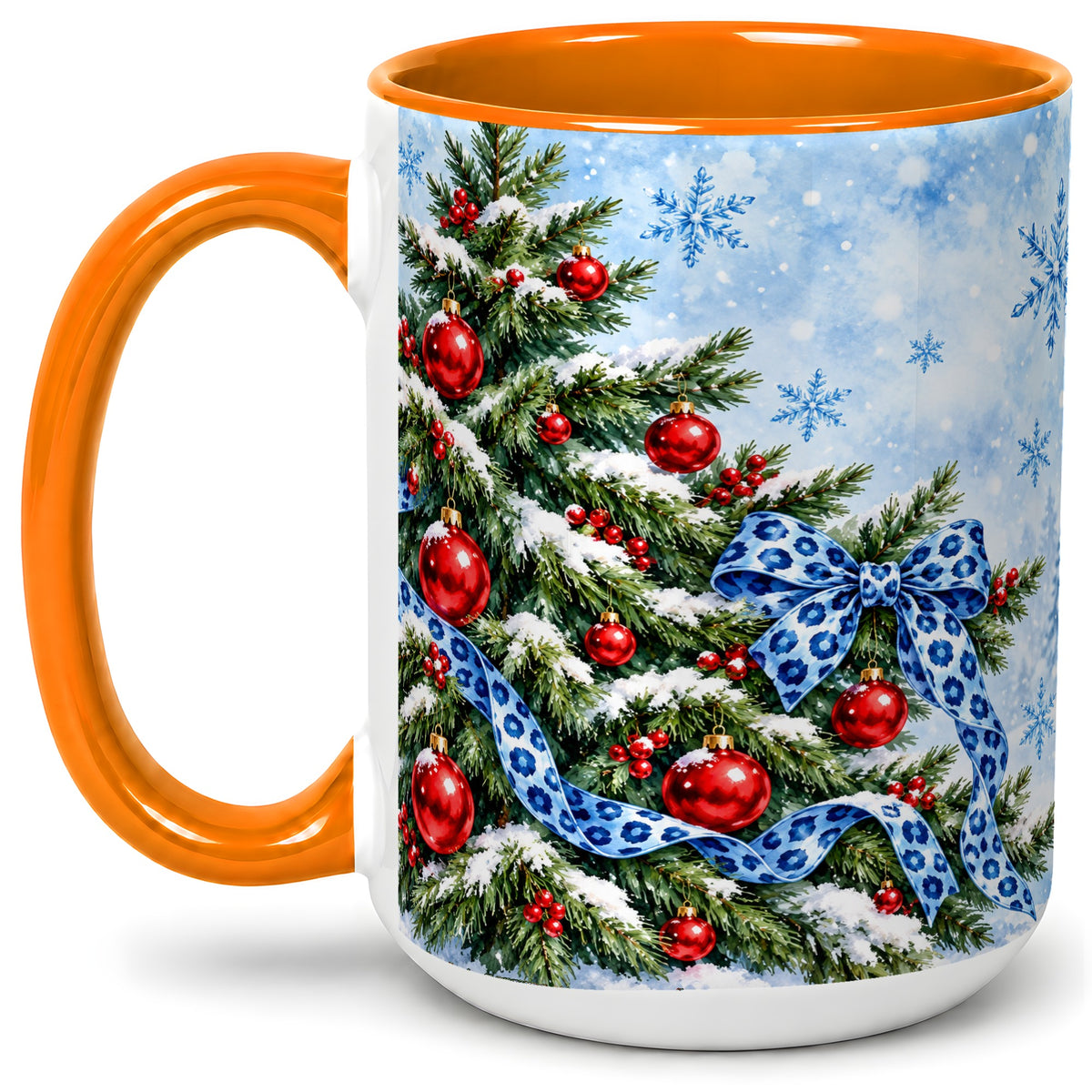 #pl[15oz|Orange] Blue Leopard Bow Christmas Tree Accent Mug, Ceramic Coffee Cup