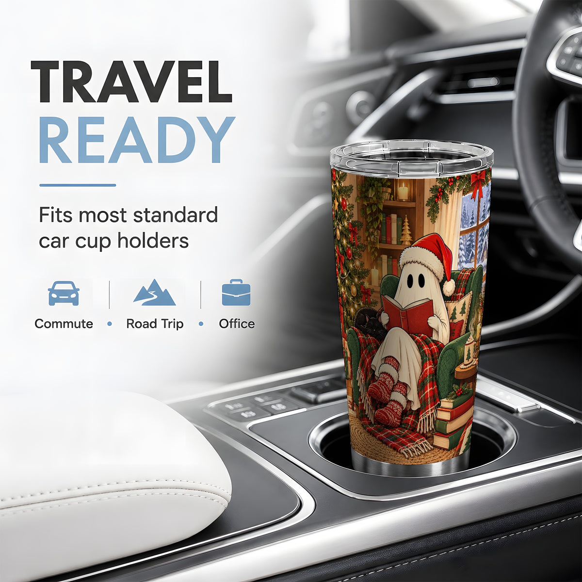 Cozy Christmas Ghost 20oz Tumbler, Stainless Steel Reading Theme