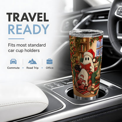 Cozy Christmas Ghost 20oz Tumbler, Stainless Steel Reading Theme