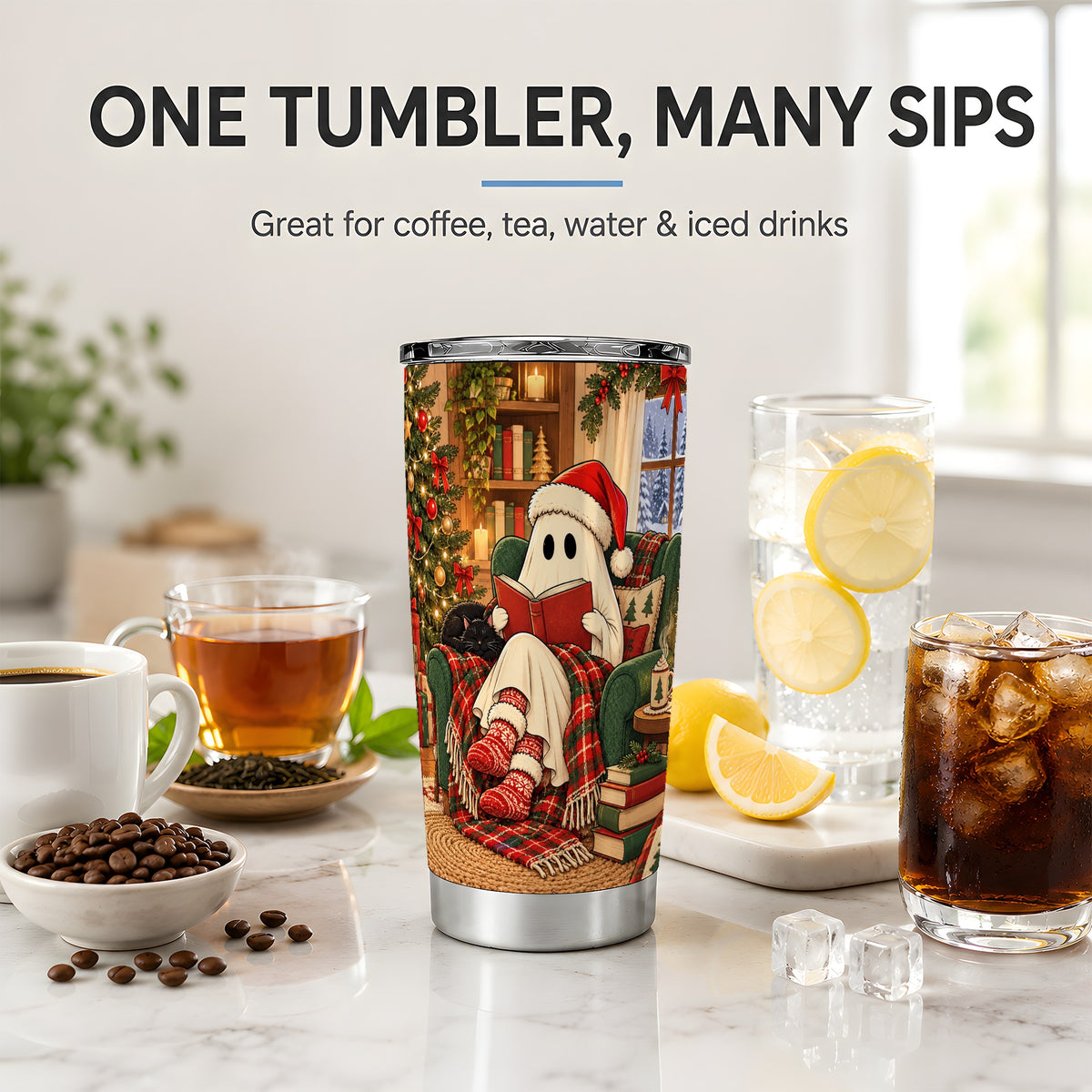 Cozy Christmas Ghost 20oz Tumbler, Stainless Steel Reading Theme