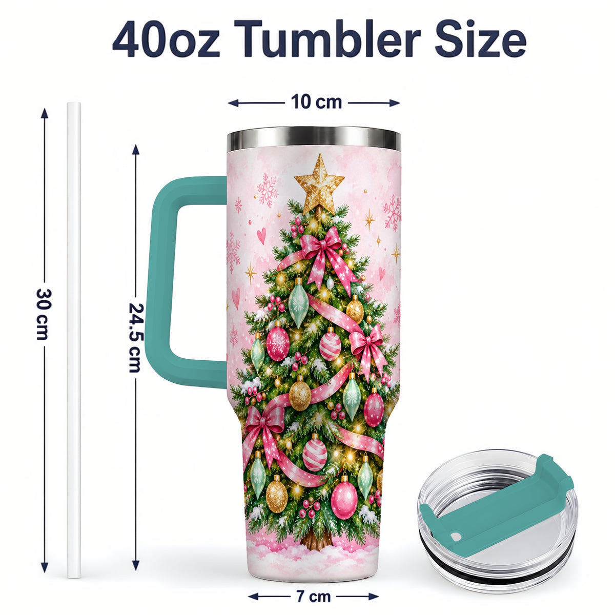 #pl[40oz|Green] Pink Christmas Tree Tumbler, 40oz Handled Stainless Steel Drinkware