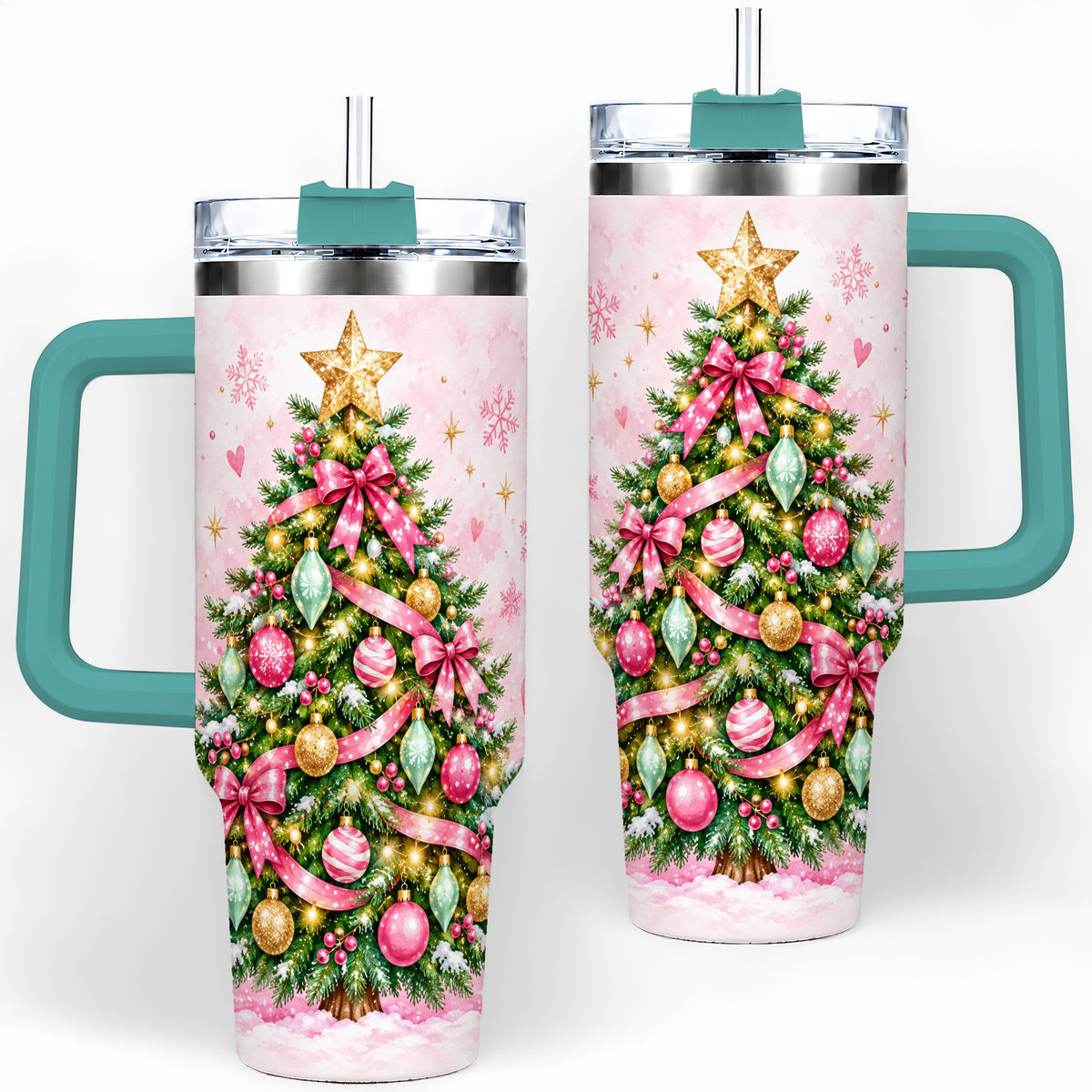 #pl[40oz|Green] Pink Christmas Tree Tumbler, 40oz Handled Stainless Steel Drinkware