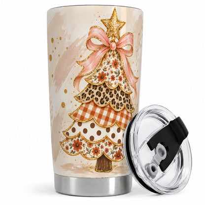 Patchwork Christmas Tree 20oz Tumbler, Stainless Steel Pink Bow Design