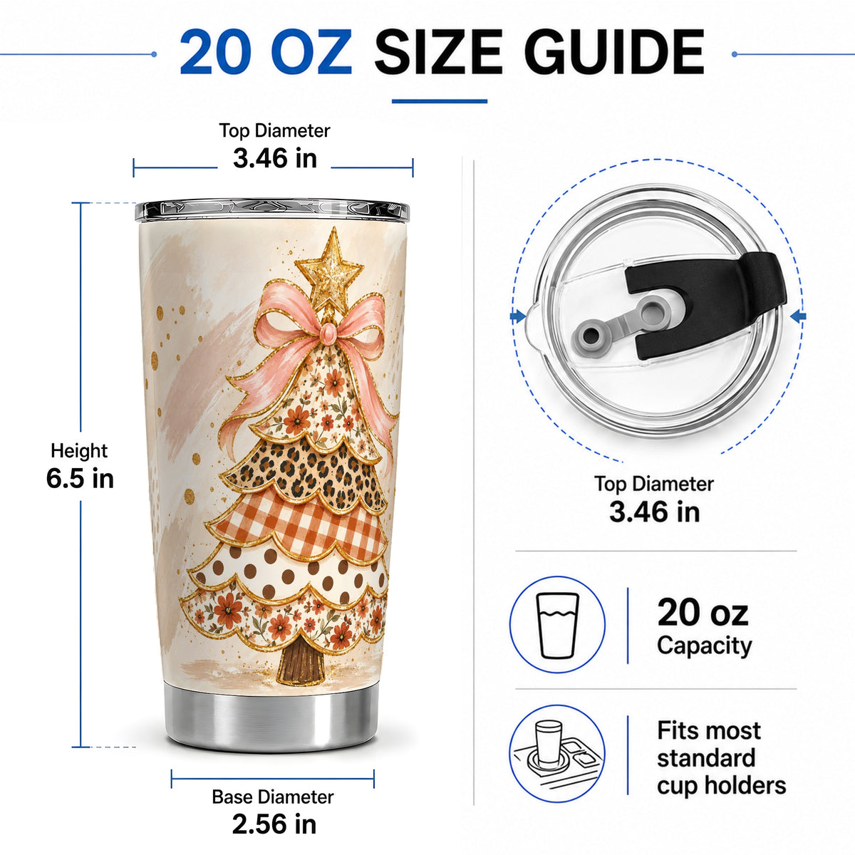 #pl[20oz|Steel] Patchwork Christmas Tree 20oz Tumbler, Stainless Steel Pink Bow Design
