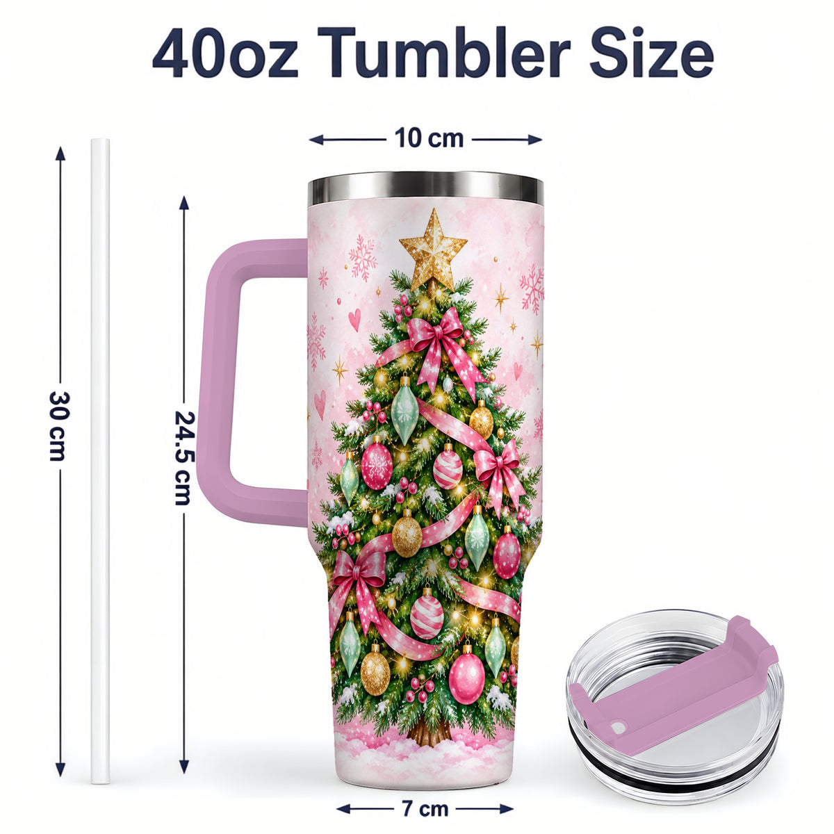 #pl[40oz|Pink] Pink Christmas Tree Tumbler, 40oz Handled Stainless Steel Drinkware