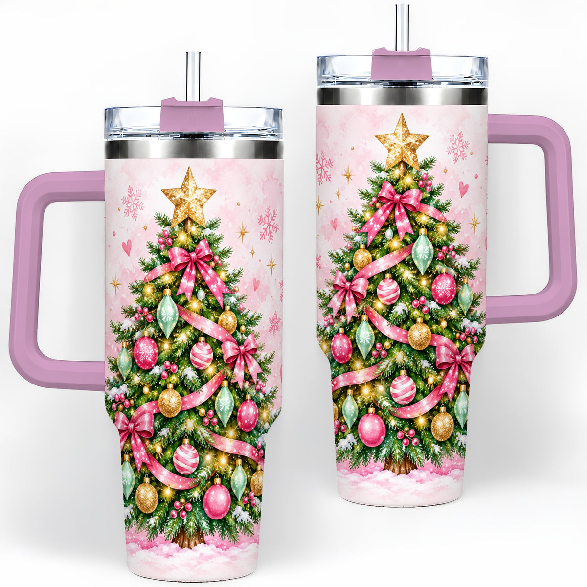 #pl[40oz|Pink] Pink Christmas Tree Tumbler, 40oz Handled Stainless Steel Drinkware