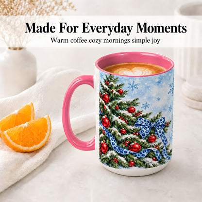 #pl[15oz|Pink] Blue Leopard Bow Christmas Tree Accent Mug, Ceramic Coffee Cup