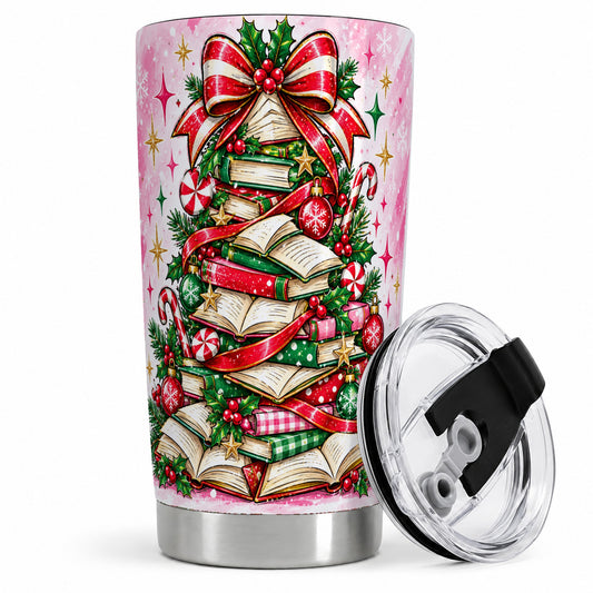Pink Christmas Book Tree 20oz Tumbler, Stainless Steel Reading Drinkware