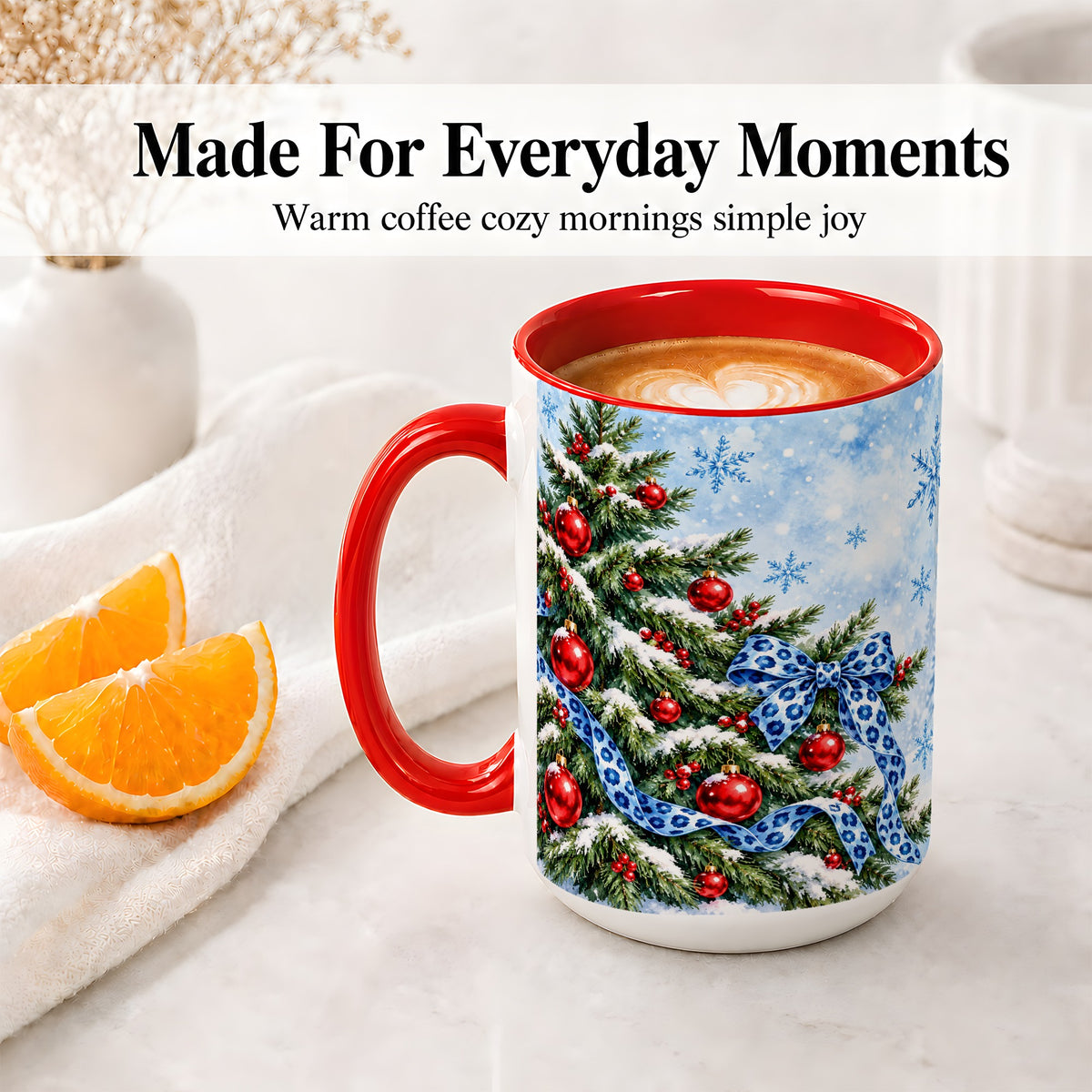 #pl[15oz|Red] Blue Leopard Bow Christmas Tree Accent Mug, Ceramic Coffee Cup