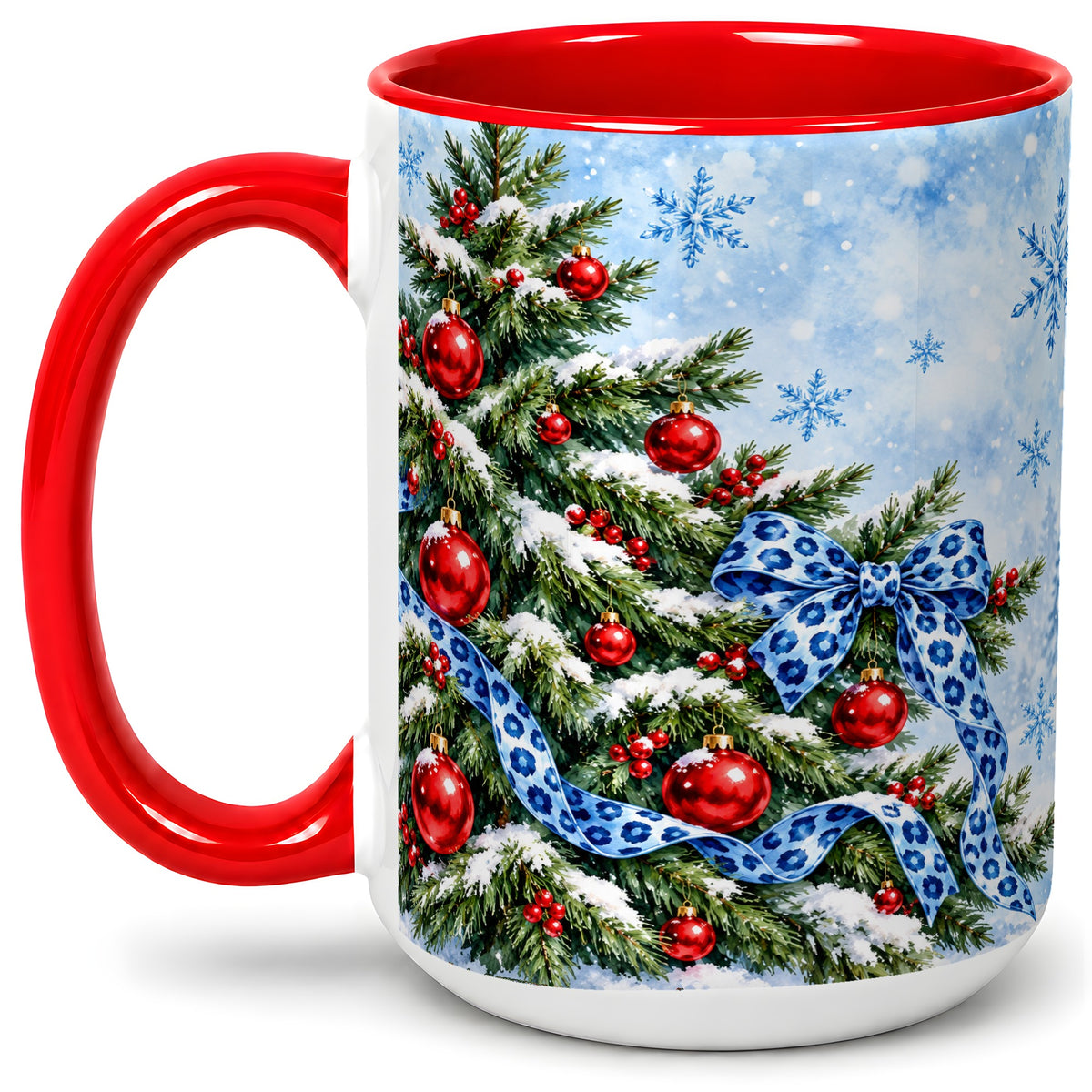 #pl[15oz|Red] Blue Leopard Bow Christmas Tree Accent Mug, Ceramic Coffee Cup