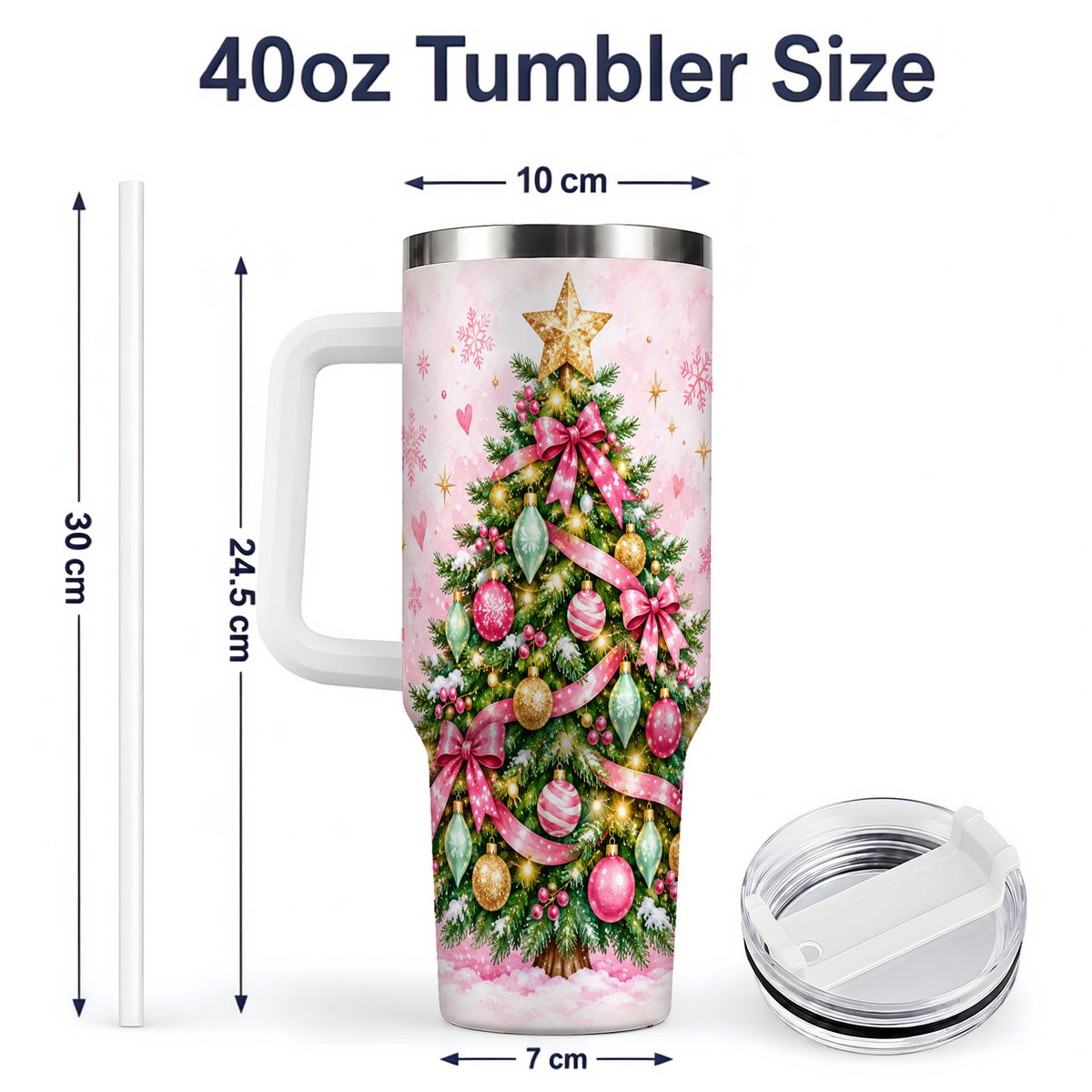 #pl[40oz|White] Pink Christmas Tree Tumbler, 40oz Handled Stainless Steel Drinkware
