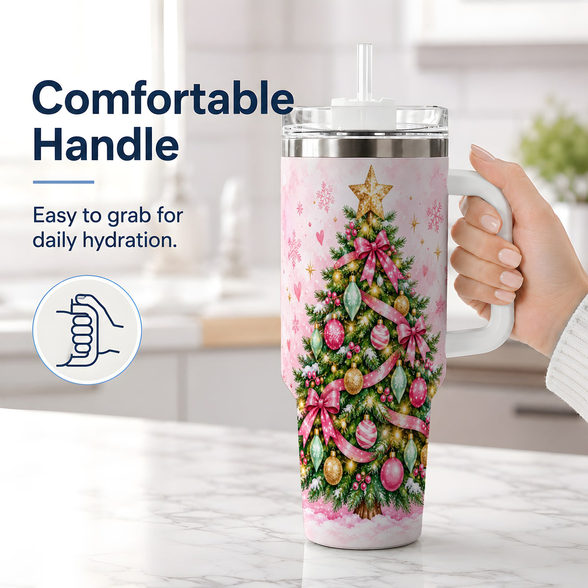 #pl[40oz|White] Pink Christmas Tree Tumbler, 40oz Handled Stainless Steel Drinkware