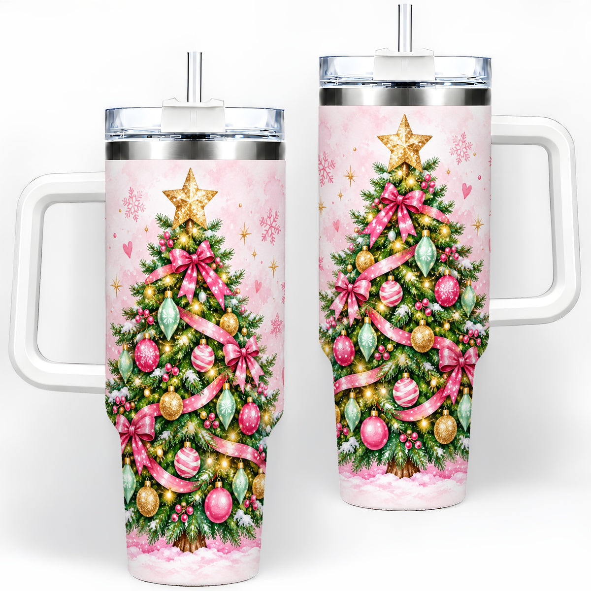 Pink Christmas Tree Tumbler, 40oz Handled Stainless Steel Drinkware
