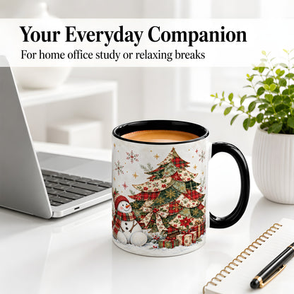 #pl[11oz|Black] Patchwork Christmas Tree Accent Mug, Ceramic Cup with Snowman Art