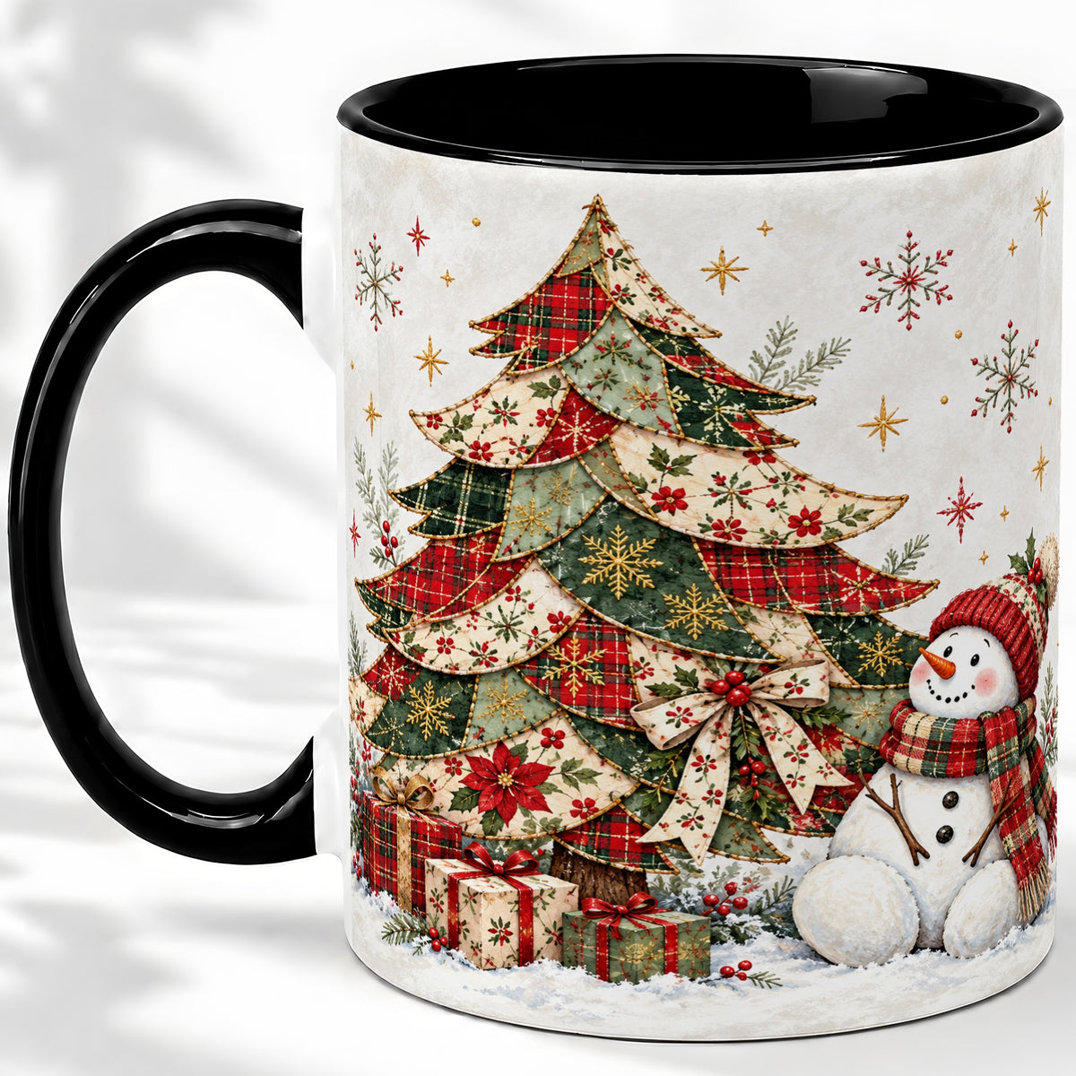 #pl[11oz|Black] Patchwork Christmas Tree Accent Mug, Ceramic Cup with Snowman Art