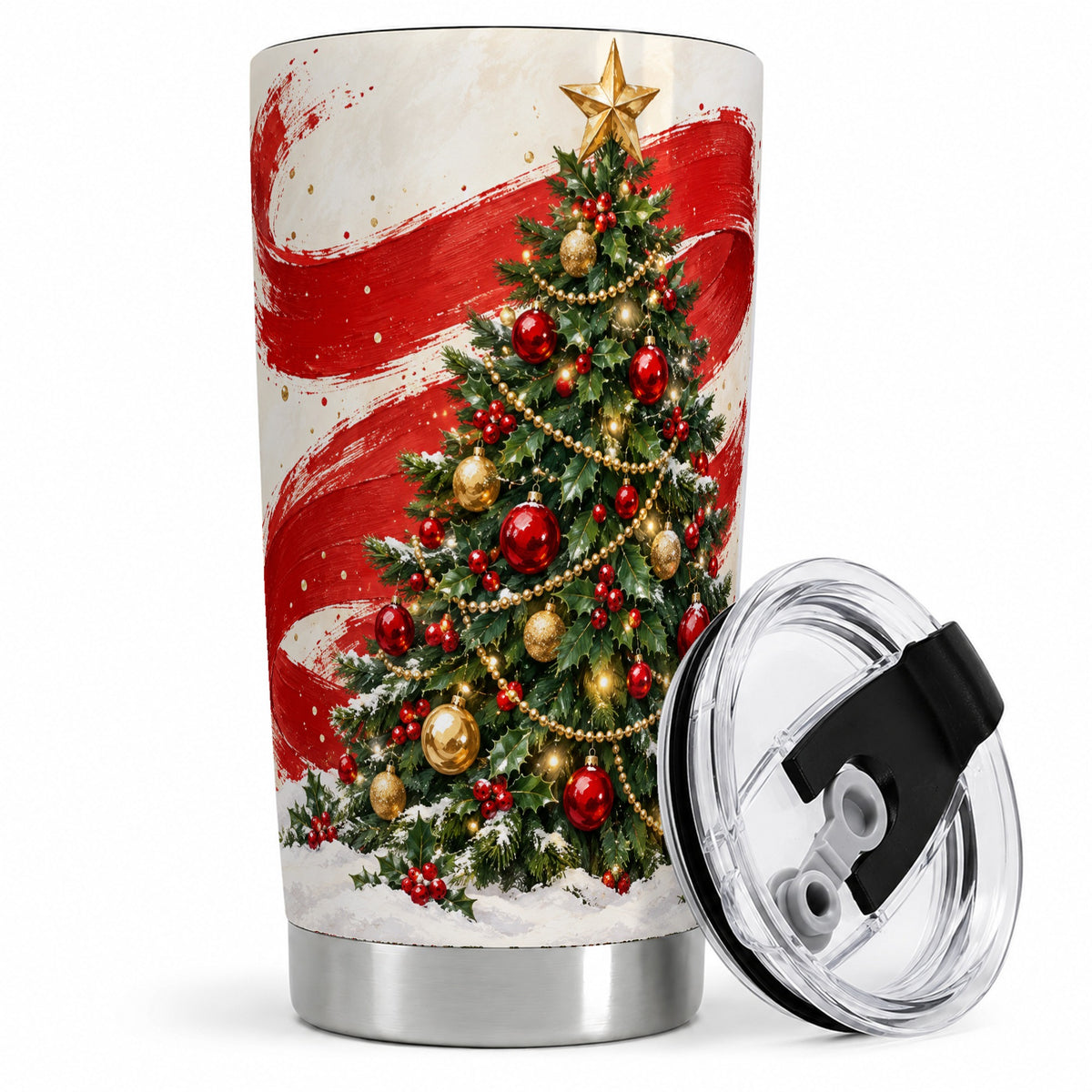 Classic Christmas Tree 20oz Tumbler, Stainless Steel Red Gold Design