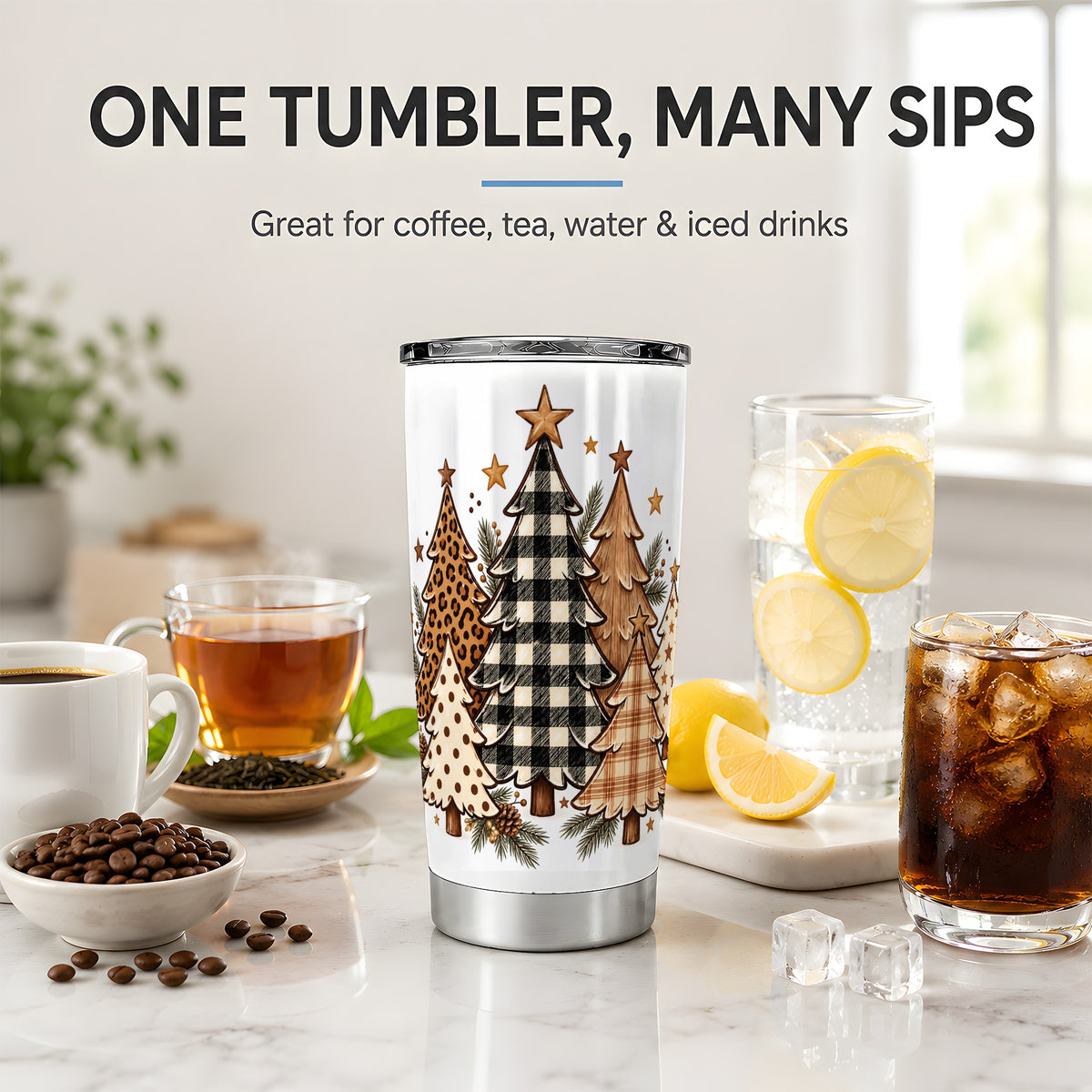 Patterned Christmas Trees 20oz Tumbler, Stainless Steel Leopard Design
