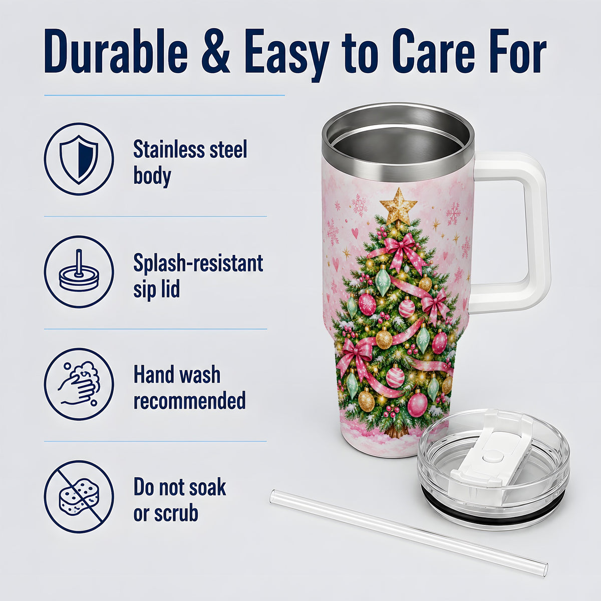 Pink Christmas Tree Tumbler, 40oz Handled Stainless Steel Drinkware