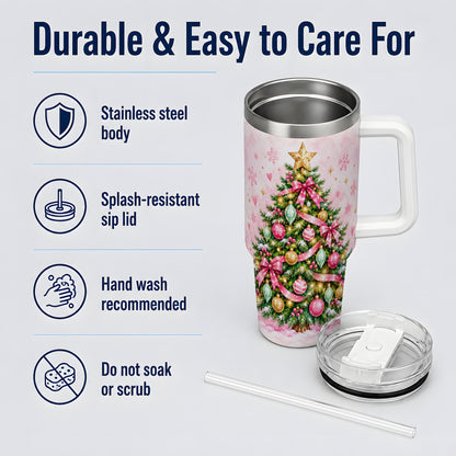 Pink Christmas Tree Tumbler, 40oz Handled Stainless Steel Drinkware