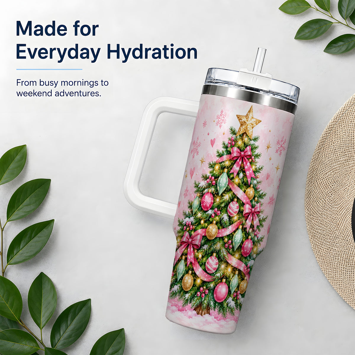 Pink Christmas Tree Tumbler, 40oz Handled Stainless Steel Drinkware