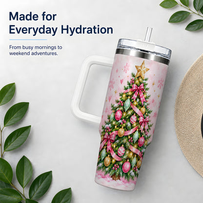 Pink Christmas Tree Tumbler, 40oz Handled Stainless Steel Drinkware