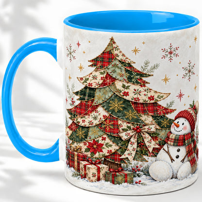 #pl[11oz|Blue] Patchwork Christmas Tree Accent Mug, Ceramic Cup with Snowman Art