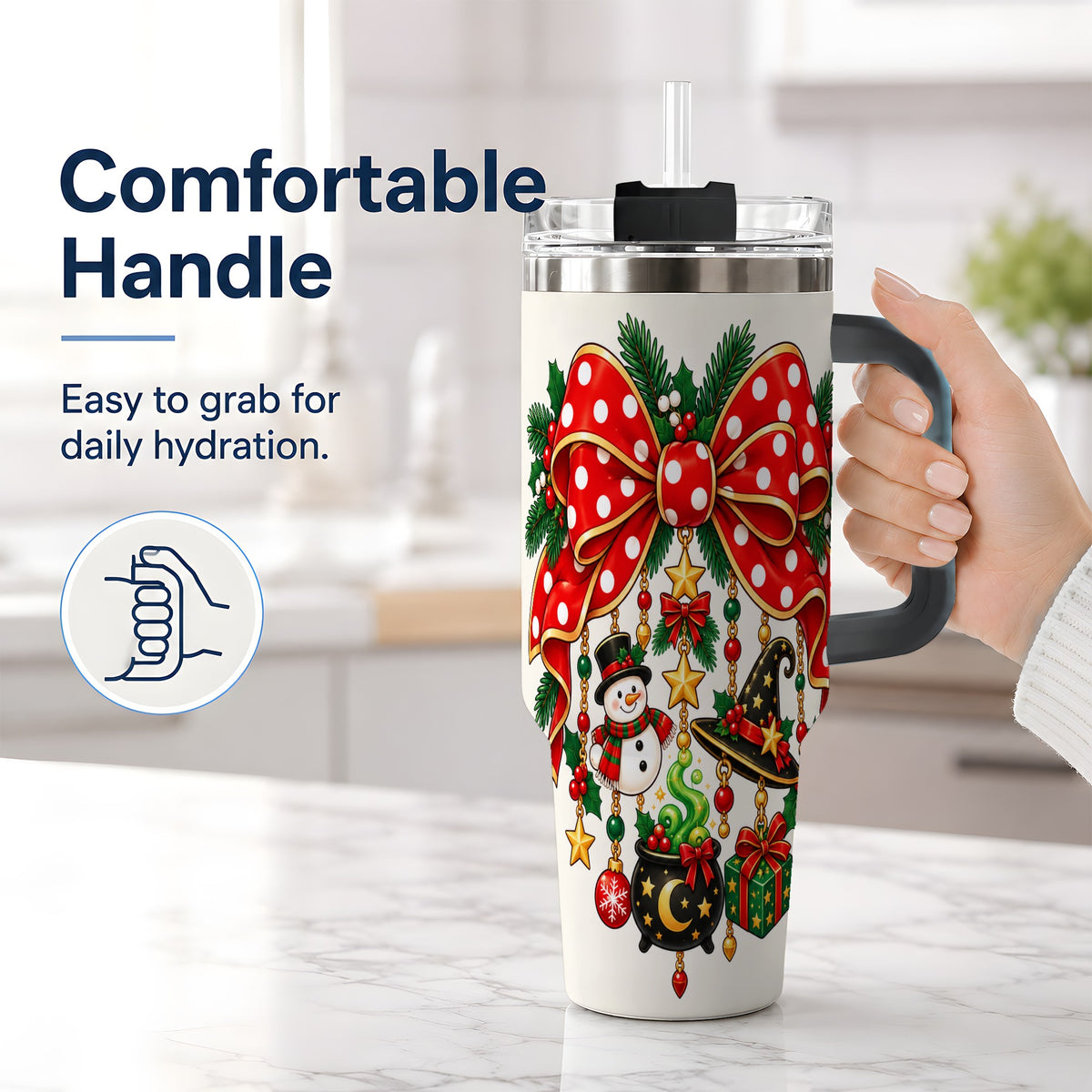 #pl[40oz|Black] Witch Hat Christmas Bow Tumbler, 40oz Handled Holiday Drinkware