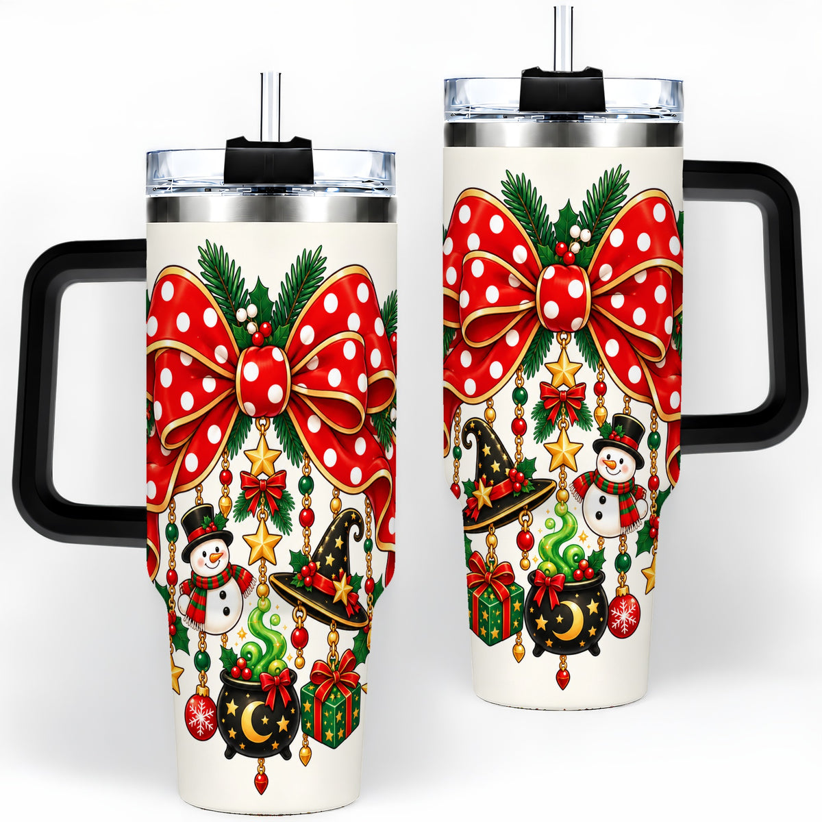 #pl[40oz|Black] Witch Hat Christmas Bow Tumbler, 40oz Handled Holiday Drinkware