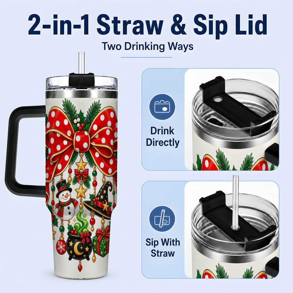 #pl[40oz|Black] Witch Hat Christmas Bow Tumbler, 40oz Handled Holiday Drinkware