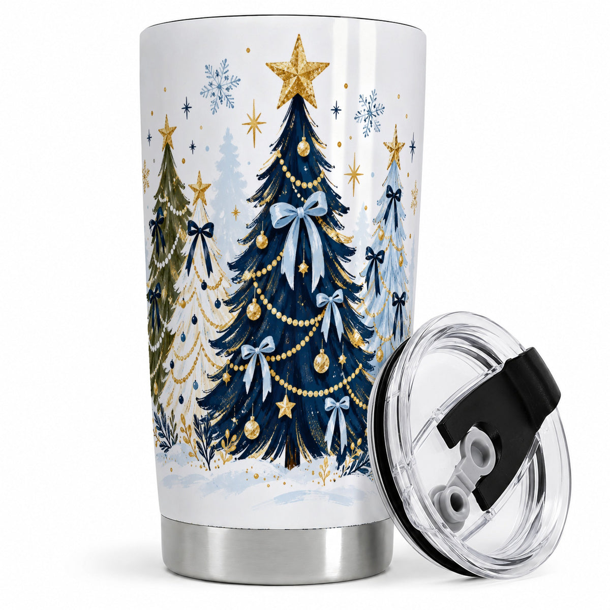 Navy Blue Christmas Trees Tumbler, 20oz Stainless Steel Holiday Cup