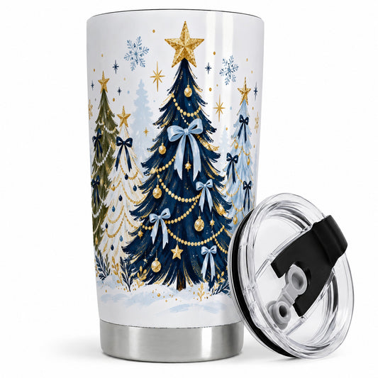 Navy Blue Christmas Trees Tumbler, 20oz Stainless Steel Holiday Cup