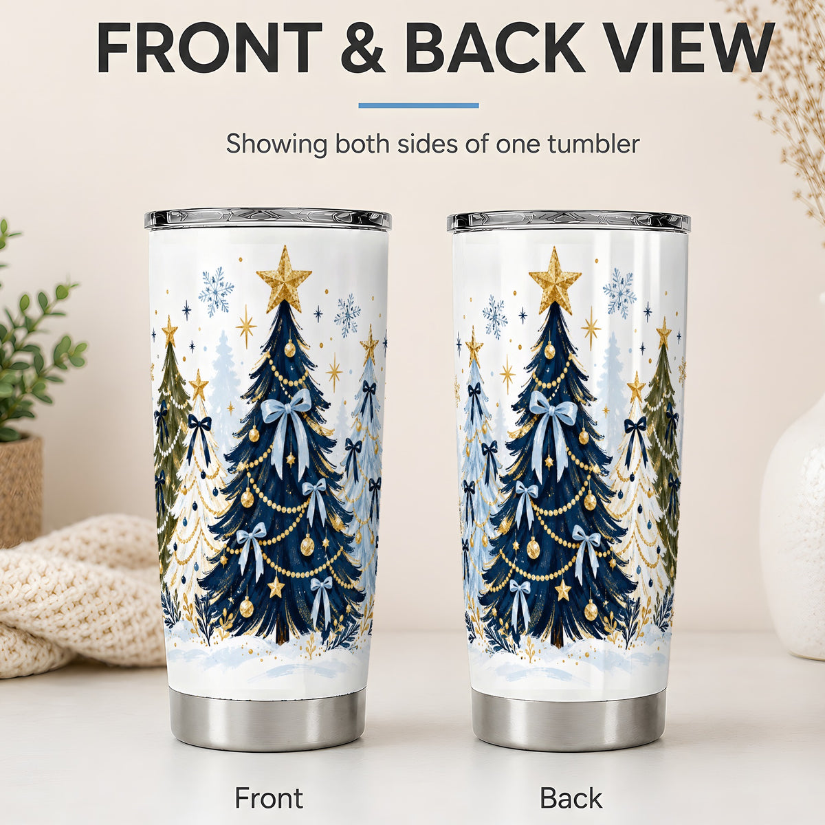 #pl[20oz|Steel] Navy Blue Christmas Trees Tumbler, 20oz Stainless Steel Holiday Cup