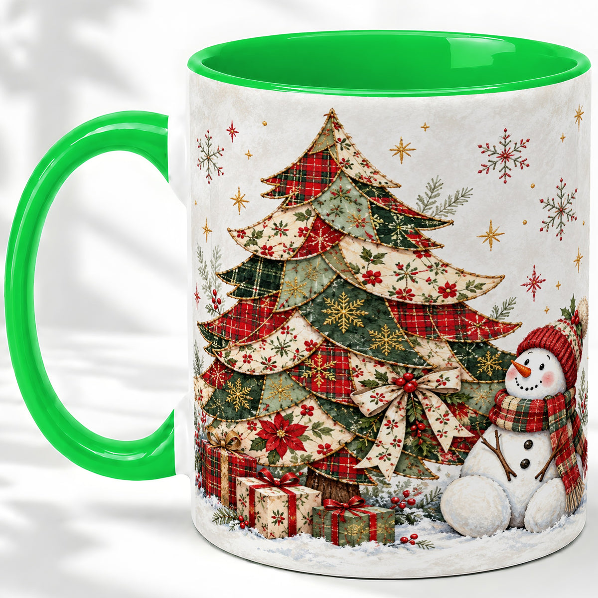 #pl[11oz|Green] Patchwork Christmas Tree Accent Mug, Ceramic Cup with Snowman Art