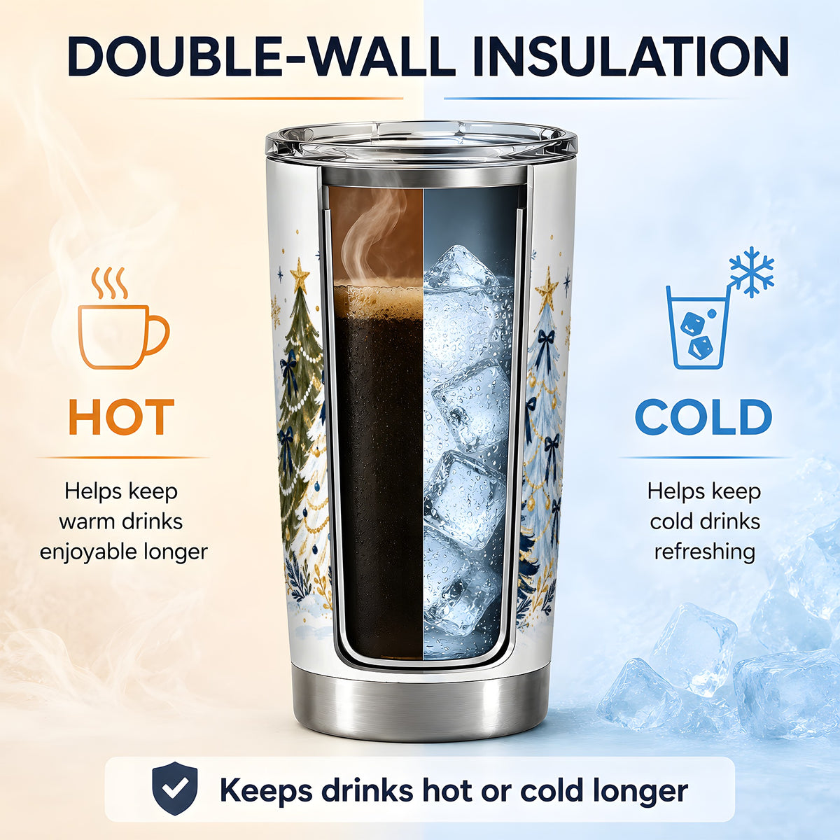 Navy Blue Christmas Trees Tumbler, 20oz Stainless Steel Holiday Cup