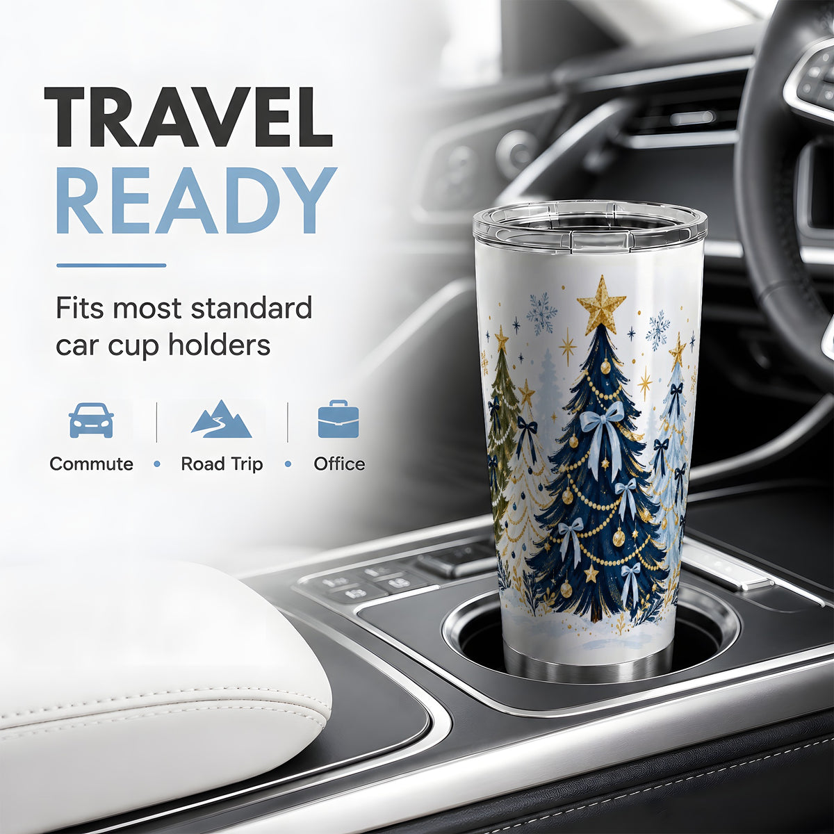 Navy Blue Christmas Trees Tumbler, 20oz Stainless Steel Holiday Cup
