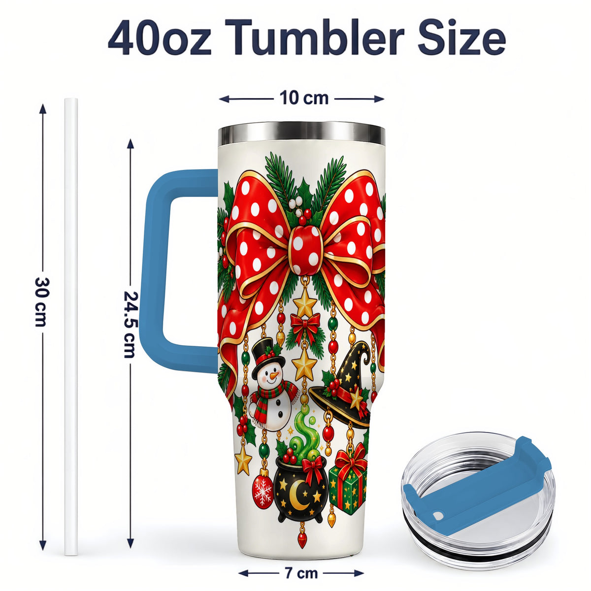 #pl[40oz|Blue] Witch Hat Christmas Bow Tumbler, 40oz Handled Holiday Drinkware
