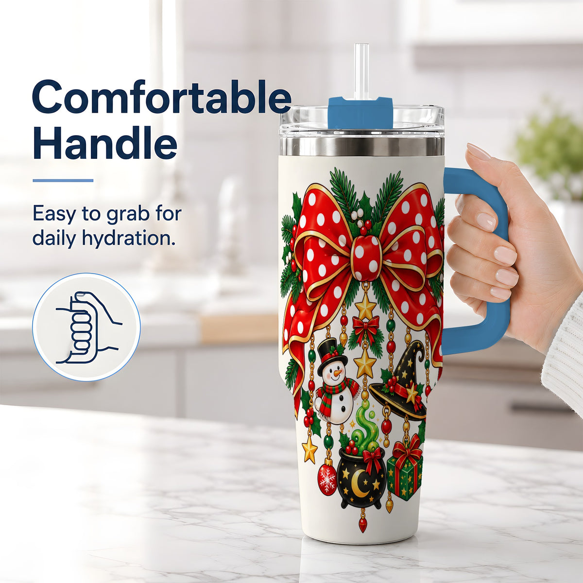 #pl[40oz|Blue] Witch Hat Christmas Bow Tumbler, 40oz Handled Holiday Drinkware