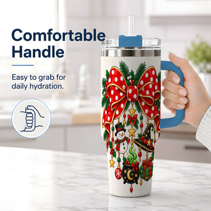 #pl[40oz|Blue] Witch Hat Christmas Bow Tumbler, 40oz Handled Holiday Drinkware
