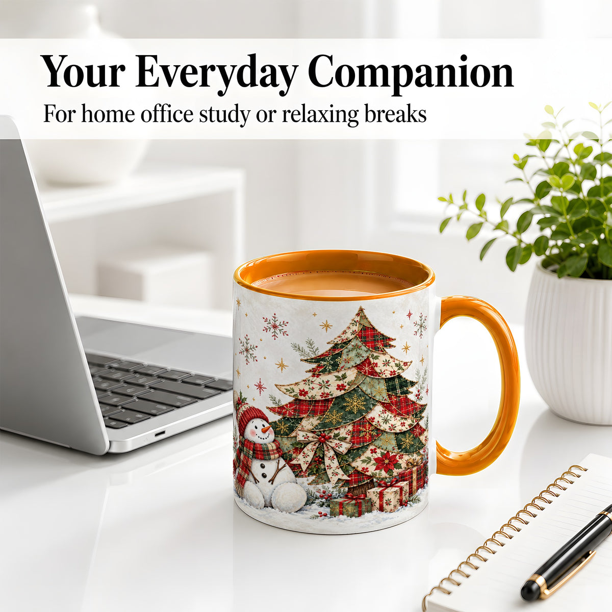 #pl[11oz|Orange] Patchwork Christmas Tree Accent Mug, Ceramic Cup with Snowman Art