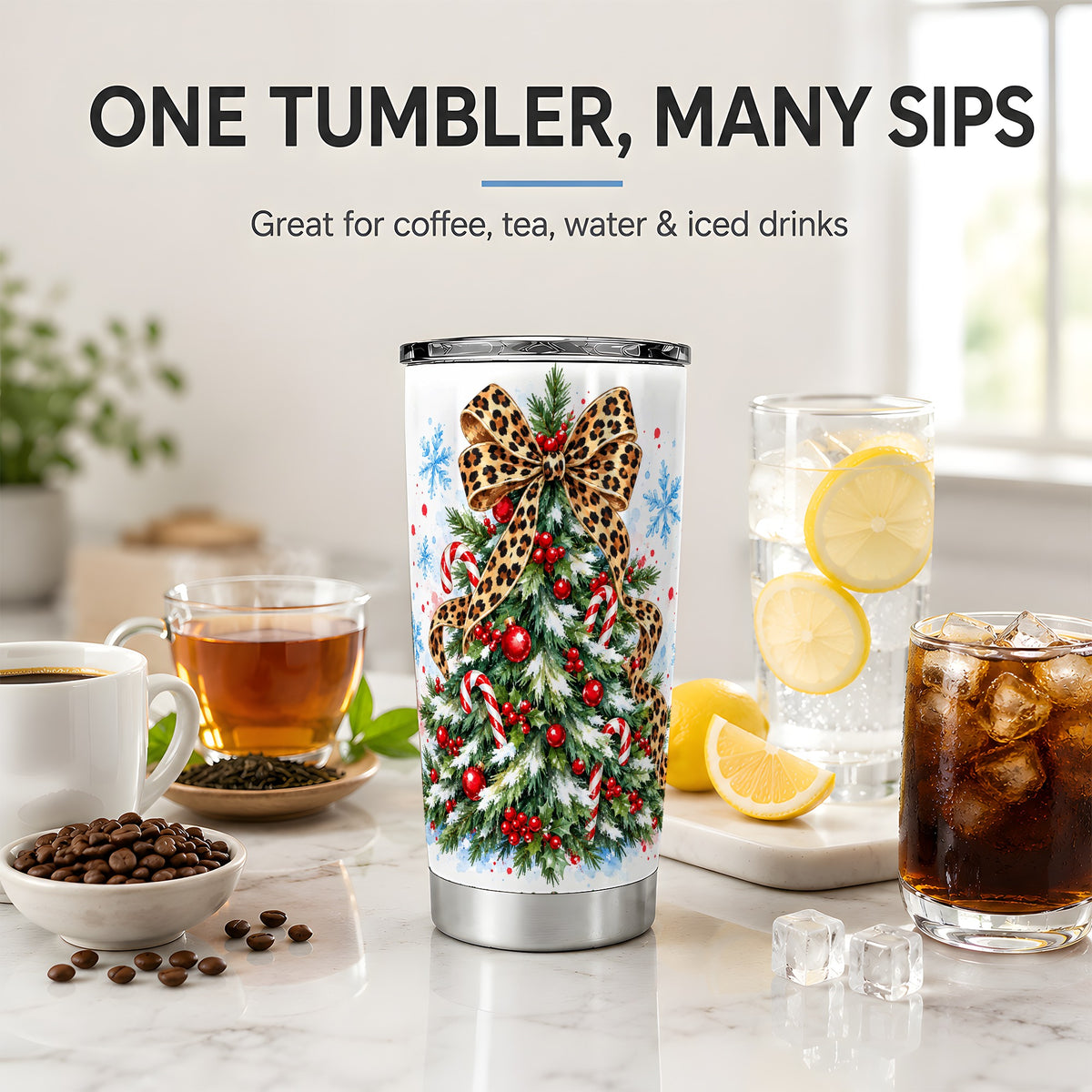 Leopard Print Christmas Tree Tumbler, 20oz Stainless Steel Drinkware