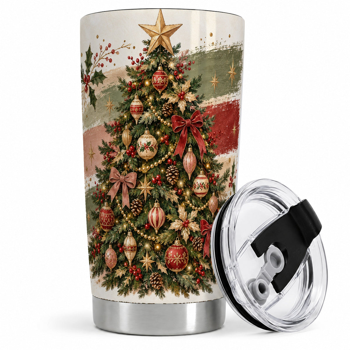 Vintage Christmas Tree Tumbler, 20oz Stainless Steel Holiday Drinkware