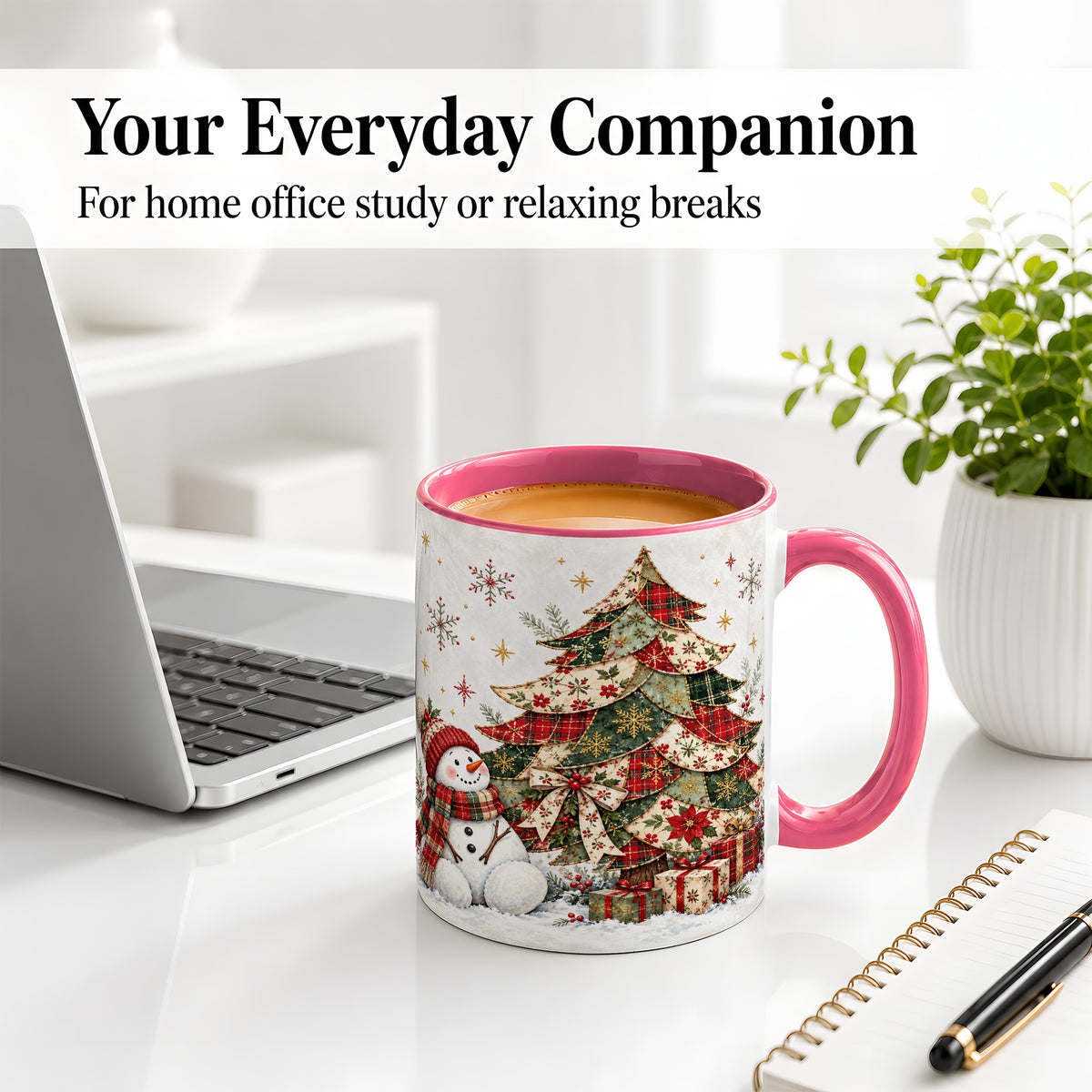 #pl[11oz|Pink] Patchwork Christmas Tree Accent Mug, Ceramic Cup with Snowman Art