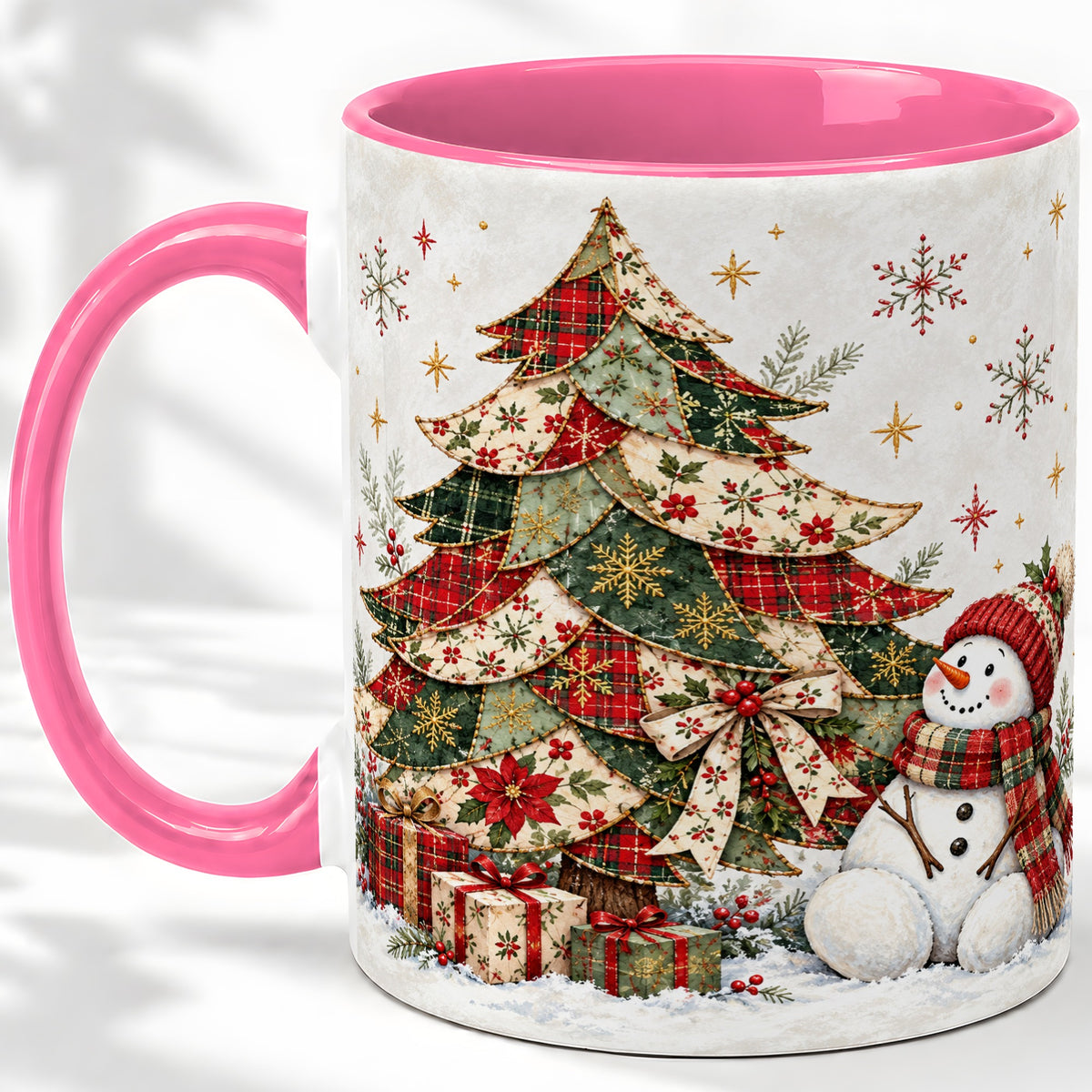 #pl[11oz|Pink] Patchwork Christmas Tree Accent Mug, Ceramic Cup with Snowman Art