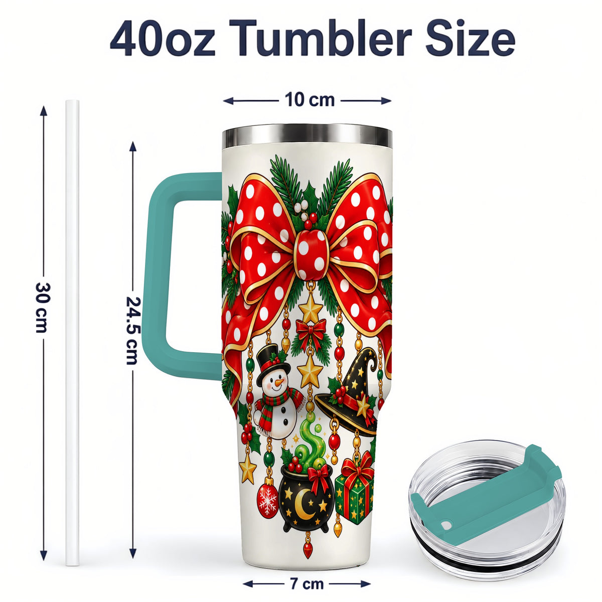 #pl[40oz|Green] Witch Hat Christmas Bow Tumbler, 40oz Handled Holiday Drinkware