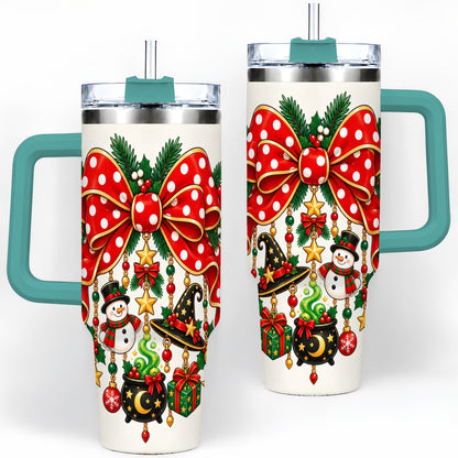 #pl[40oz|Green] Witch Hat Christmas Bow Tumbler, 40oz Handled Holiday Drinkware